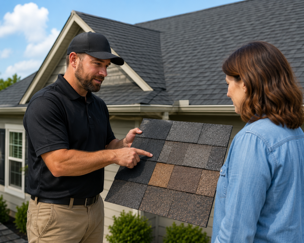 Professional roofer working on a residential roof 